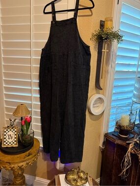 Women's Black Denim-Style Overalls with Front Pockets